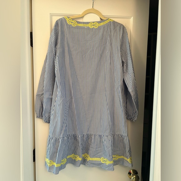 Sail to Sable blue and white stripe dress with dropped waist and yellow trim; M - Picture 3 of 3